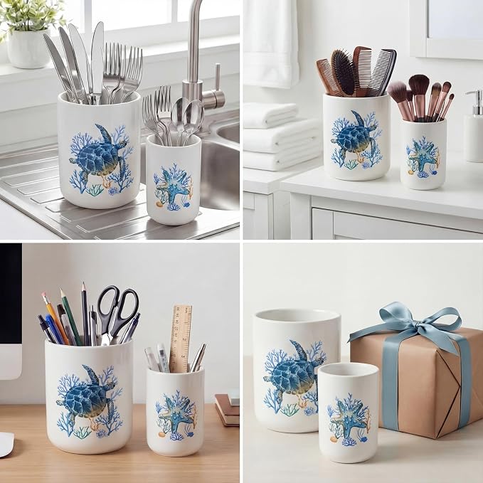 Bokon 2 Pack Ceramic Utensil Holder 6.3" + 5.1" Ocean Theme Coastal Kitchen - Image 4