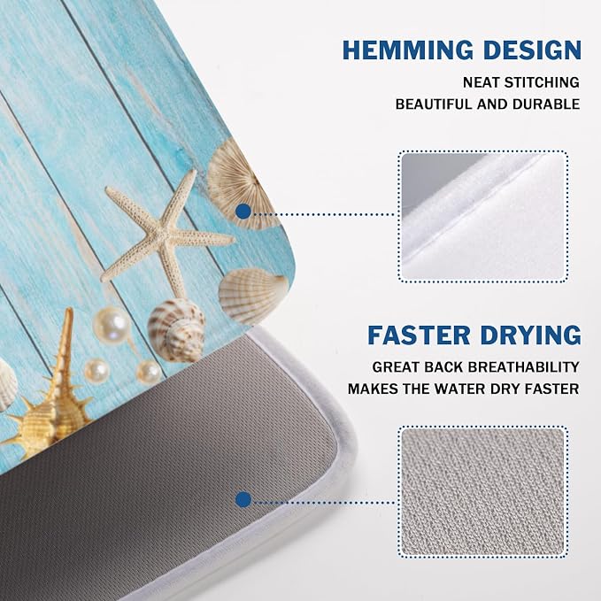 Summer Coastal Dish Drying Mat for Kitchen Counter Seashell Starfish Blue - Image 4