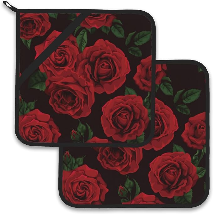 Vintage Red Rose Pot Holder Set of 2, Heat Resistant Potholders Oven Hot Pads by Larkverk