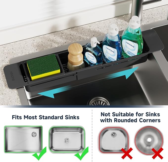 NiHome Extendable Sink Kitchen Organizer, Extra Long Telescopic Brush Storage - Image 5