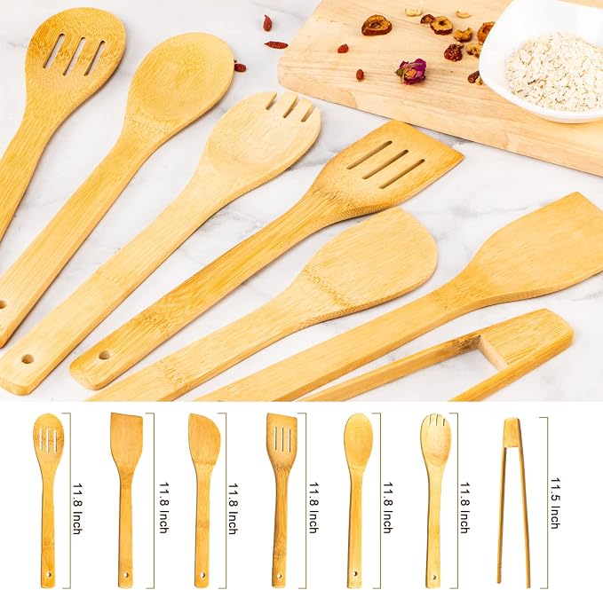 Eisinly Wooden Spoons for Cooking 7-Piece, Kitchen Nonstick Bamboo Cooking - Image 2