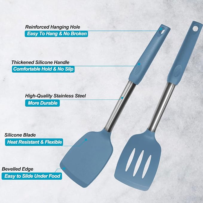 2 Pack Spatulas, Solid & Slotted Silicone Spatula Set, Stainless Steel Handle - Image 3