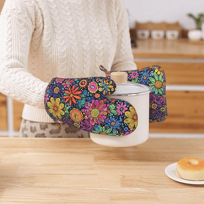 Oven Mitts and Pot Holders Set, Colorful Flower Art Silicone Kitchen - Image 7