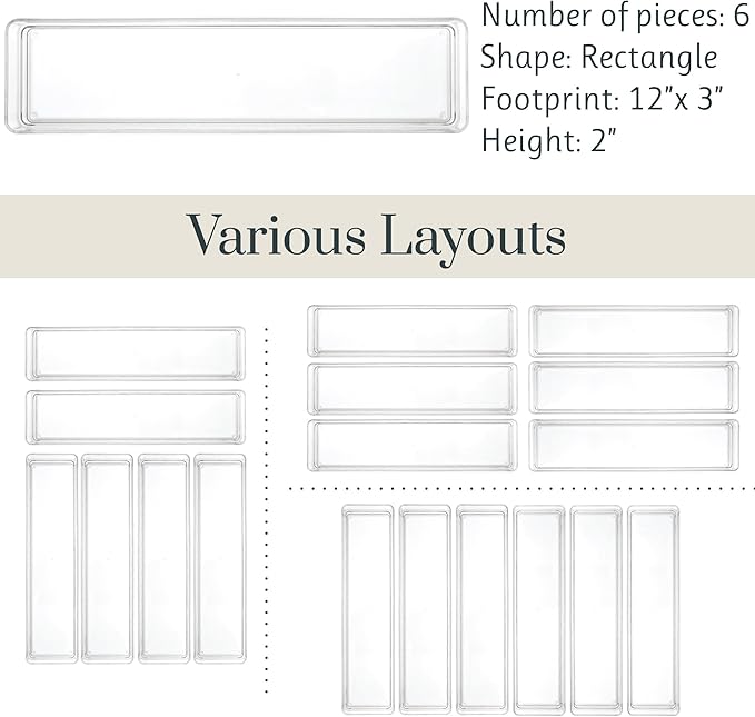 STORi SimpleSort 6-Piece Stackable Clear Drawer Organizer Set | 12" x 3" x 2" - Image 5