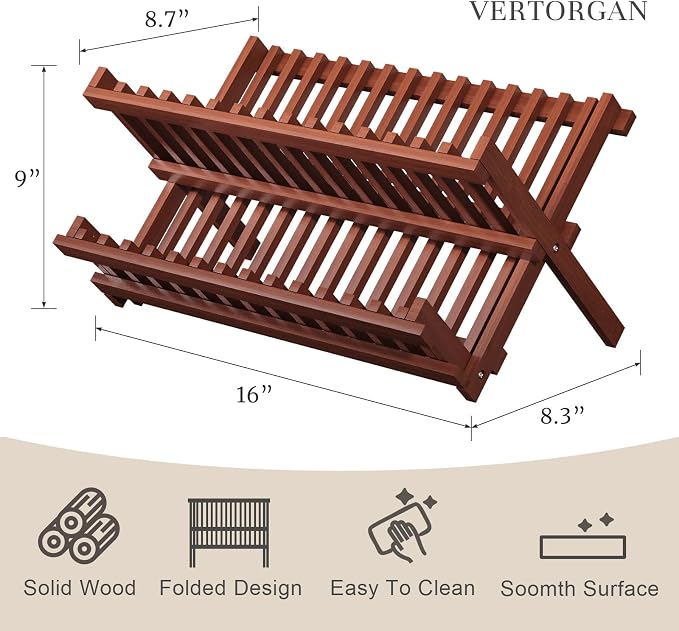 VERTORGAN Teak Dish Drying Rack, Folding Collapsible Drainer Plate Organizer - Image 2