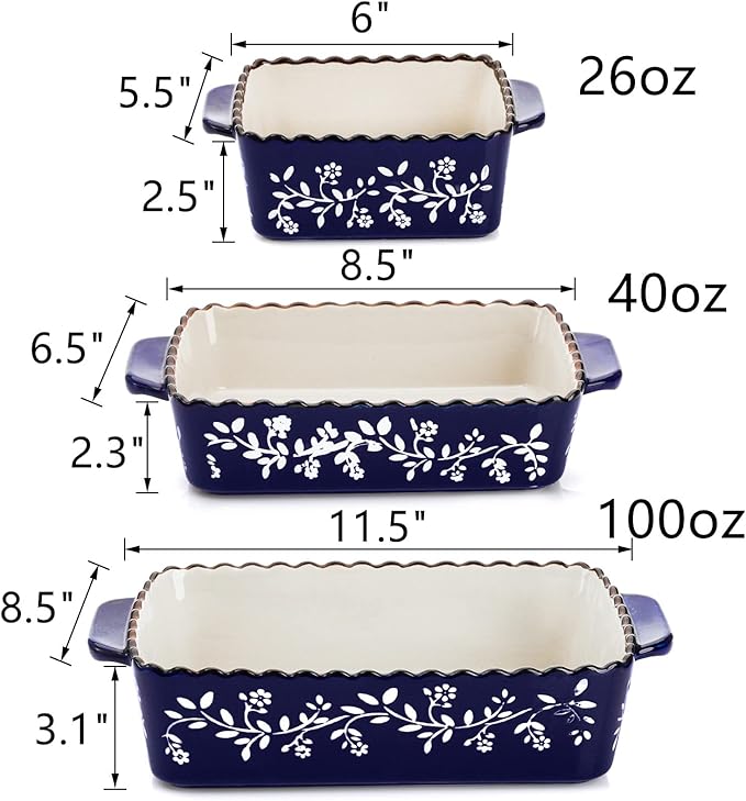 AVLA 3 Pack Ceramic Bakeware Set Porcelain Rectangular Baking Dish Lasagna Pans - Image 2