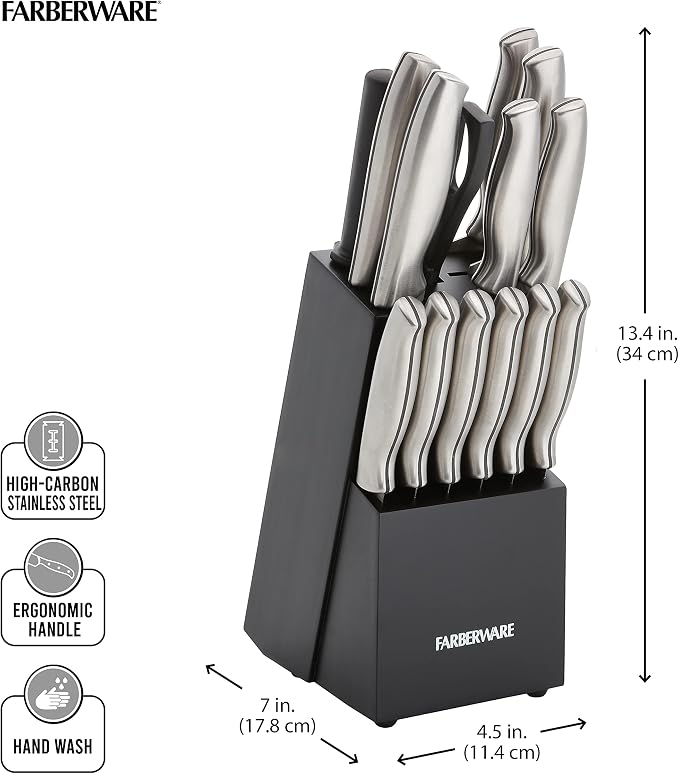 Farberware 15-Piece Stamped Stainless Steel Knife Block Set, High-Carbon - Image 9