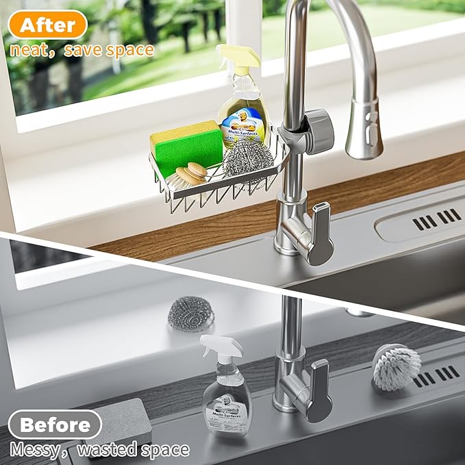 LONIN Stainless Steel Kitchen Sink Organizer Caddy – Over Faucet Sponge & Brush - Image 2