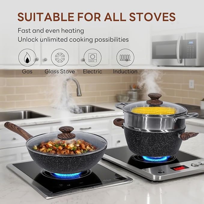 NEWBULIG 17-Piece Nonstick Cookware Set, Non-Toxic Pots and Pans - Image 3