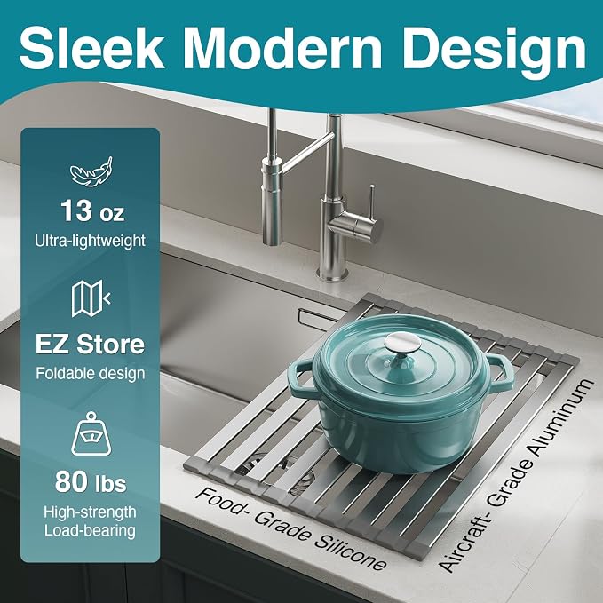 COOL-ANGLE Aluminum Roll Up Dish Drying Rack Over The Sink, 17.7" x 13.4" - Image 3