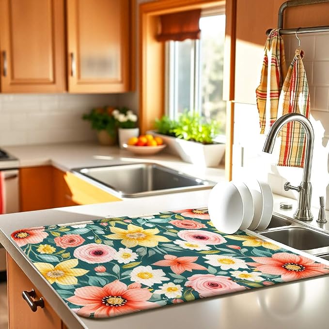 Large Blue Floral Spring Dish Drying Mat - Image 2