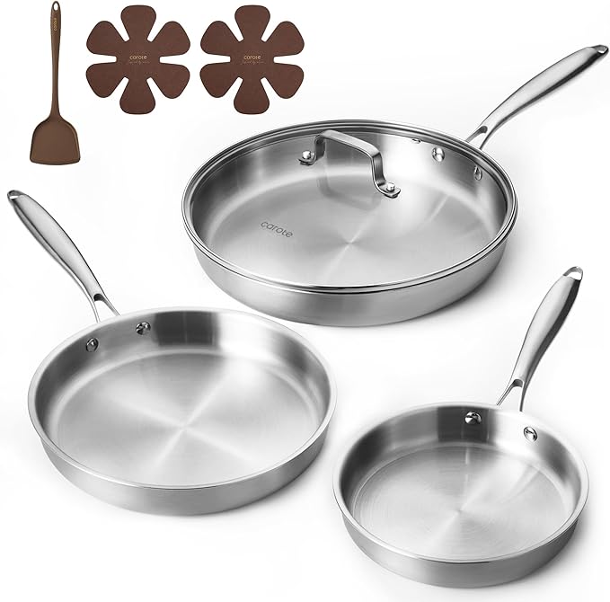 CAROTE 7-Piece Tri-Ply Stainless Steel Frying Pan Set, Skillet Set 8"/10"/12" by CAROTE