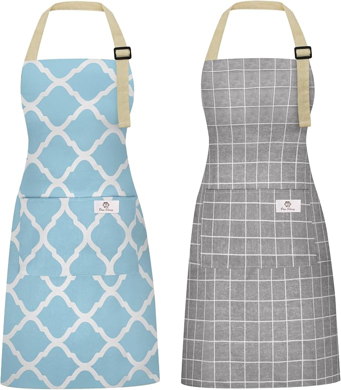 2 Pieces Aprons for Women with Pockets, Cotton Linen Waterproof Kitchen Cooking by Riqiaqia
