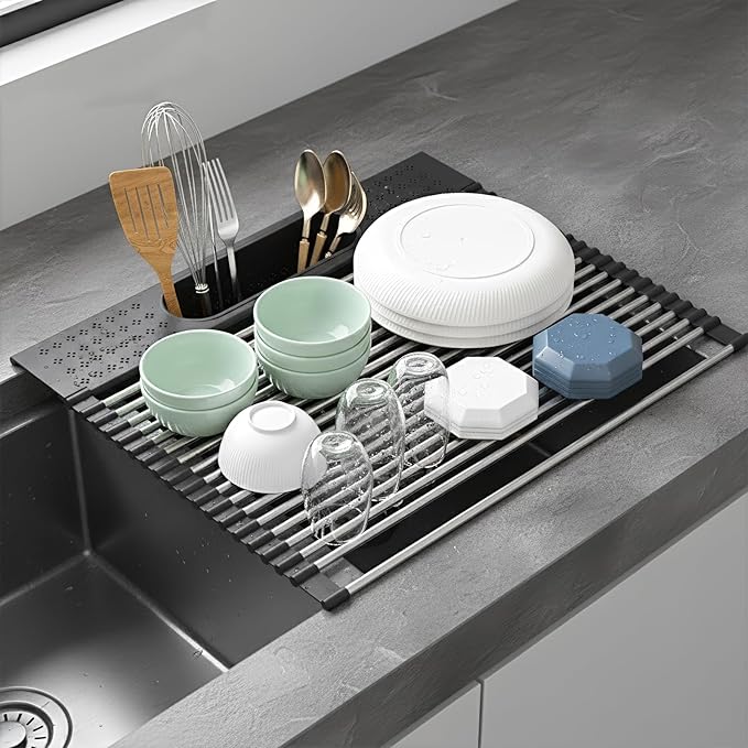 Roll Up Dish Drying Rack Over Sink, 17.5" x 15.2" Foldable SUS304 Stainless - Image 4