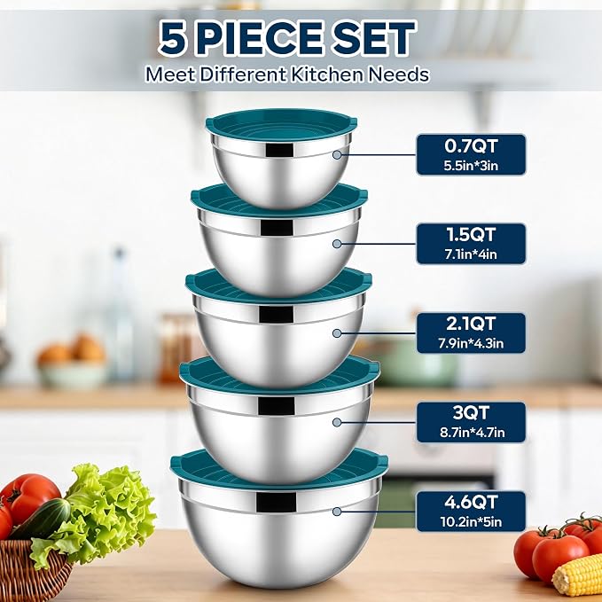E-far Mixing Bowls With Lids Sets of 5, 10-Piece Stainless Steel Salad Metal - Image 2