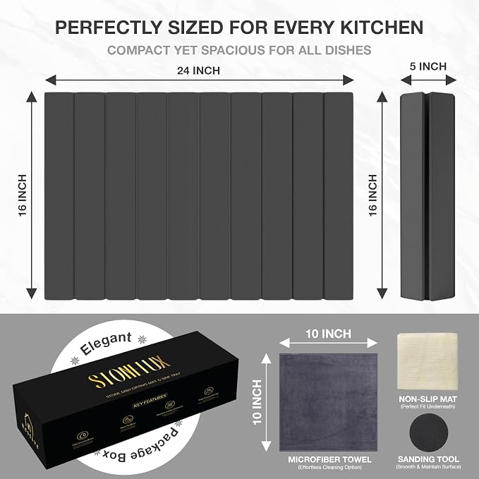 Large Stone Drying Mat for Kitchen Counter | 24"x16" | Fast Drying Collapsible - Image 3