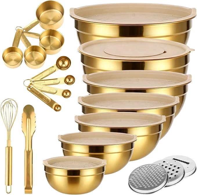 20 PCS Gold Mixing Bowls with Lids Set by Tideme