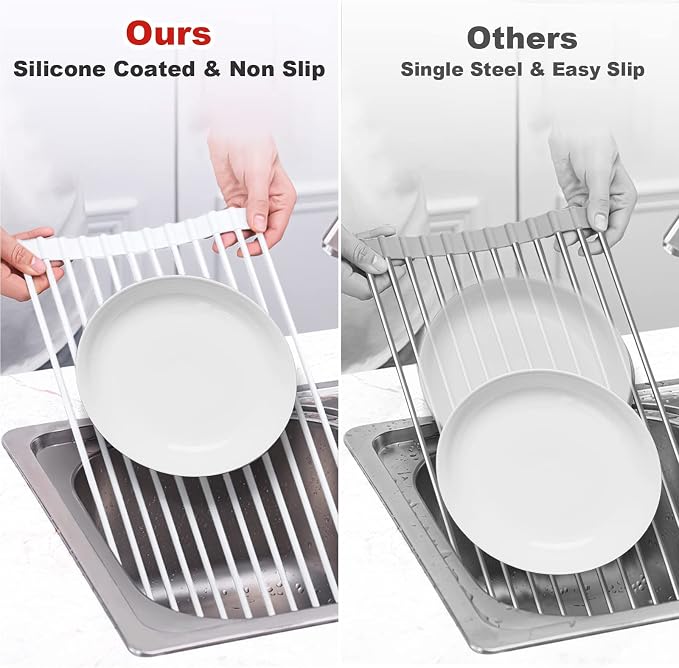 MERRYBOX Roll Up Dish Drying Rack Silicone Wrapped Over The Sink Dish Rack - Image 5
