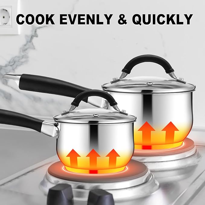 E-far 2 Quart Saucepan with Lid, Tri-Ply Base Stainless Steel Small Sauce Pan - Image 6