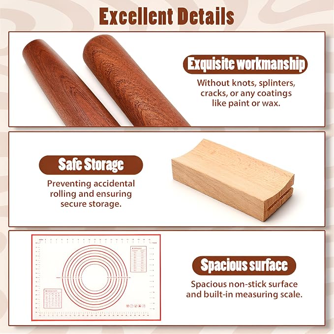 4 Pcs Sapele Wood French Rolling Pin Set Tapered and Mini Wooden Rolling - Image 3