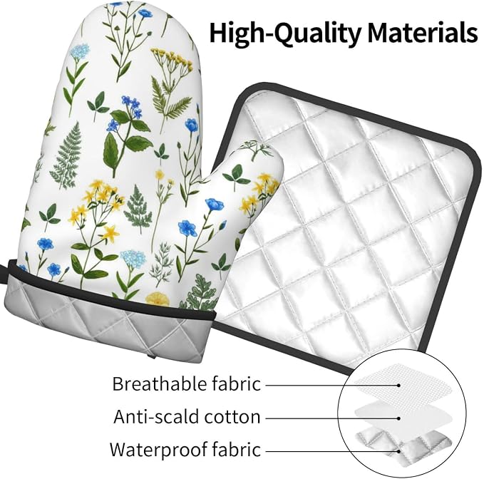 Blue Yellow Green Floral Oven Mitts & Pot Holders Sets of 3, Heat Resistant Sky - Image 9