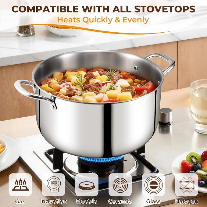 Tri-Ply Stainless Steel Stock Pot, 12 Quart Heavy Duty Induction Cooking Pot - Image 3