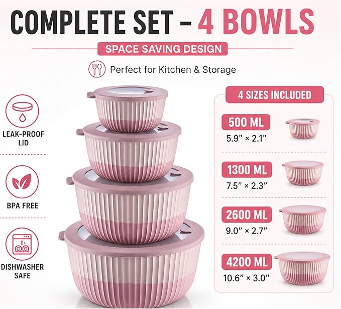 Mixing Bowls with Lids, 8-Piece Airtight Leak-Proof Nesting BPA-Free Bowl Set - Image 5
