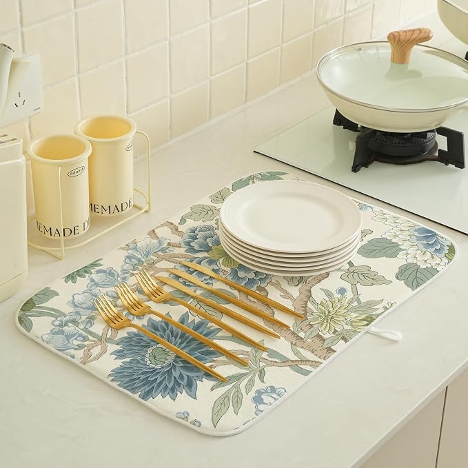 Chinoiserie Dish Drying Mat 18x24 Inch Vintage Sage Green Blue Floral Drying - Image 2