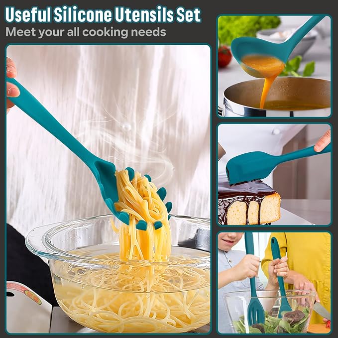 Silicone Cooking Utensils Set, E-far 7-Piece Blue Heat Resistant Kitchen - Image 6