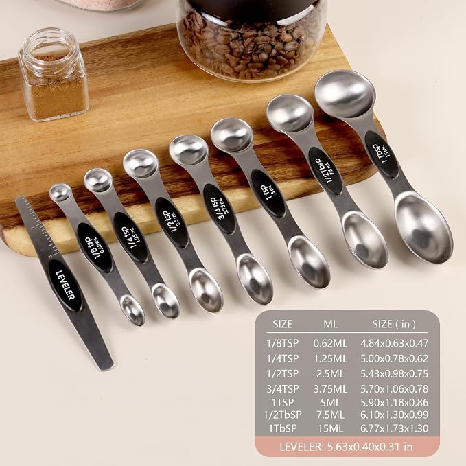 ChefAide Pack of 8 Stainless Steel Magnetic Measuring Spoons Set, Dual Sided - Image 3