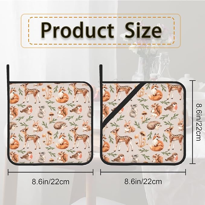 Mushroom Squirrel Deer Hedgehog Pot Holder Set of 2, Heat Resistant Potholders - Image 2