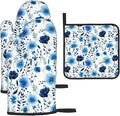 Blue Floral Oven Mitts and Pot Holders Sets of 3, Heat Resistant Cute by Unknown