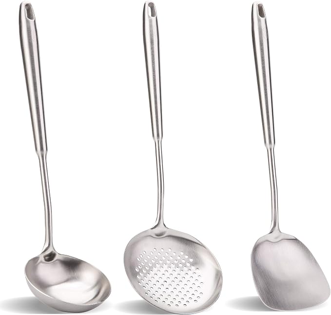 Wok spatula and ladle, Skimmer Ladle Tool Set, Chinese Wok Utensil Set by HOMEKITCHENTOOL