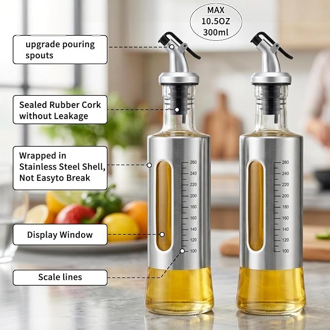Olive Oil Dispenser for Kitchen, 2 Pack 10oz/300 ML Cooking Oil and Vinegar - Image 7