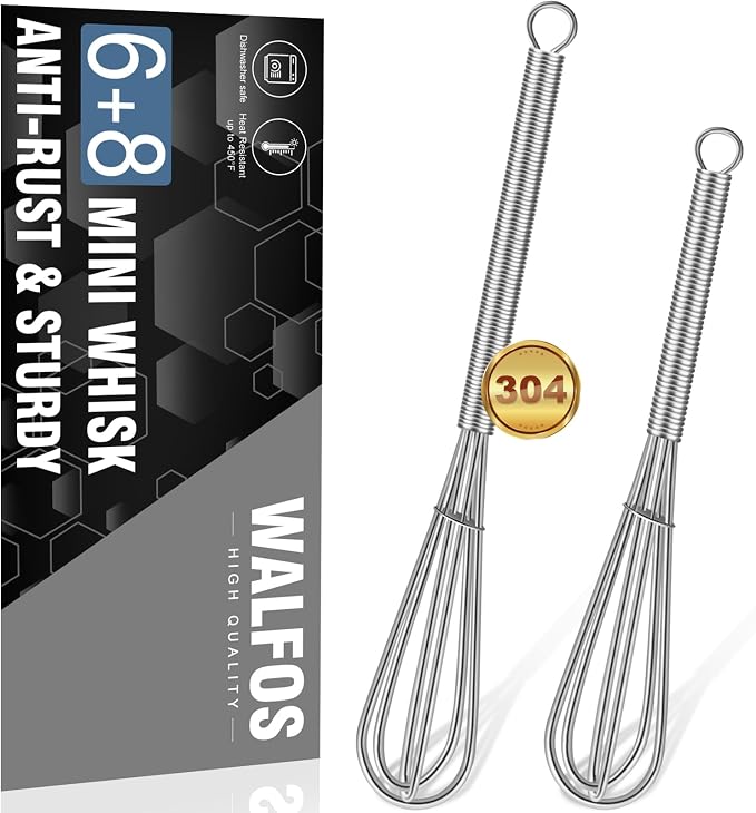 Walfos Mini Whisk, Non-Rust 304 Stainless Steel, 6+8 Inch, Heat Resistant 450 by Walfos
