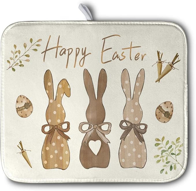 Happy Easter Bunny Dish Drying Mat Rabbits Egg Carrot Dish Pad by Kwlegh