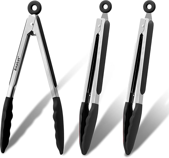 Anaeat 3 Pack 7" Mini Non-Stick Silicone Locking Tongs by Anaeat