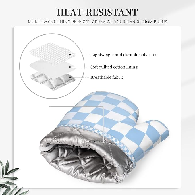 Oven Mitts and Pot Holders Set, Checkerboard Pattern Pastel Blue Silicone - Image 4