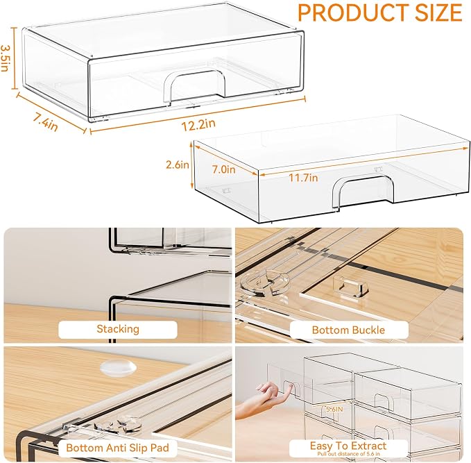 Yieach 12.1''W Clear Stackable Storage Drawers, Makeup Organizers, Plastic - Image 3