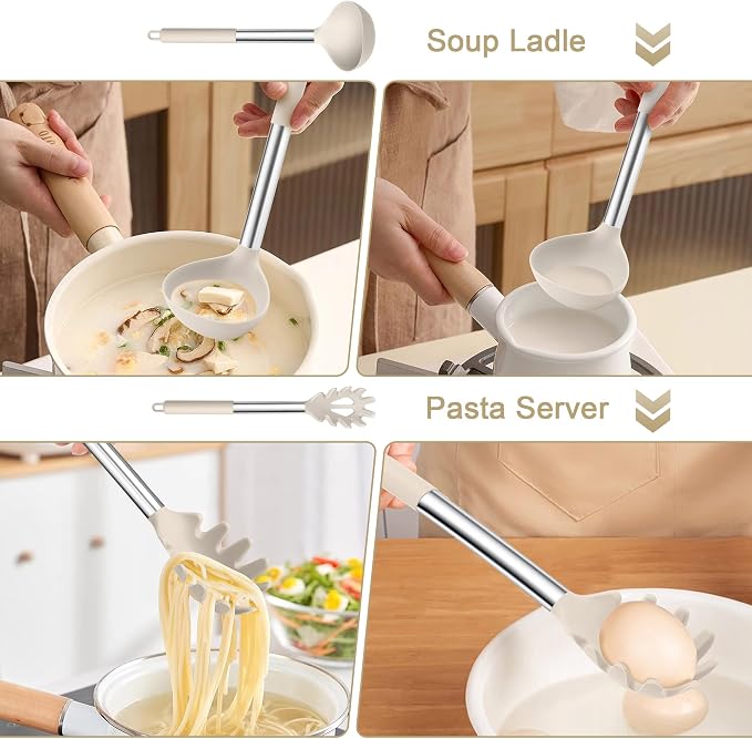 TeamFar Silicone Soup Ladle and Pasta Fork Set, Serving Soup, Non-Toxic & - Image 4