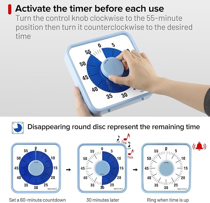 Secura 60-Minute Visual Countdown Timer, 7.5-Inch Oversize Classroom Visual - Image 3