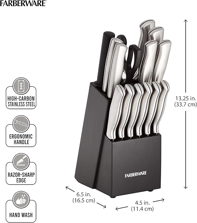 Farberware 15-Piece Kitchen Knife Set, High-Carbon Stainless Steel Blades - Image 2