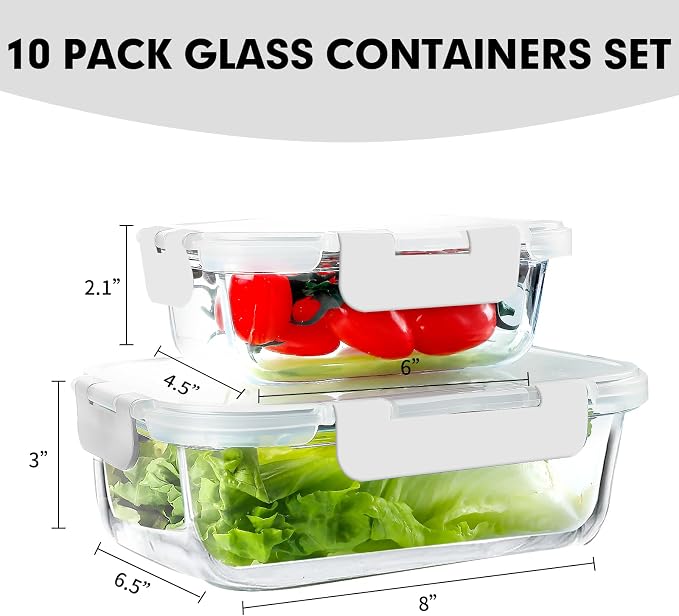 VERONES 10Pack Glass Meal Prep Containers, Airtight Glass Lunch Containers - Image 2