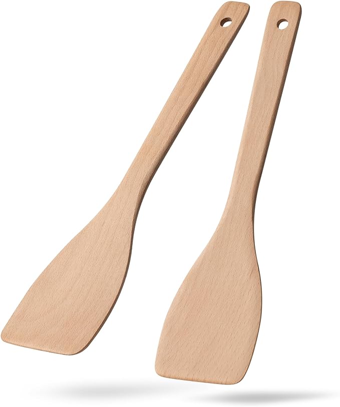 2PCS Wooden Spatulas for Cooking, 13inch Uncoated Beech Wood Turners for Frying by HEFILD