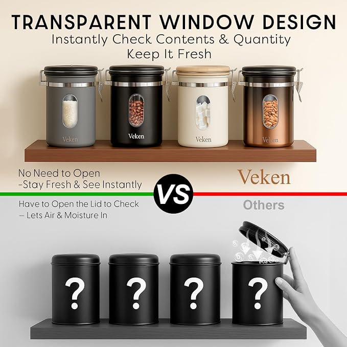 Veken Coffee Canister with Window, Airtight Stainless Steel Kitchen Food - Image 2