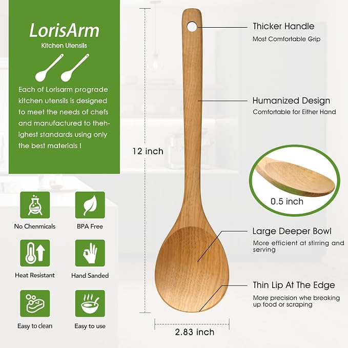 LorisArm Wooden Cooking Spoon 2PC, Large 12" Solid Wood Serving Spoons Set - Image 2