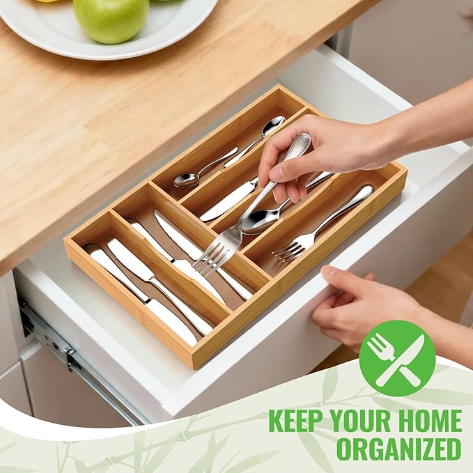 Bamboo Silverware Organizer, Bamboo Kitchen Drawer Cutlery Organizer, Utensil - Image 4
