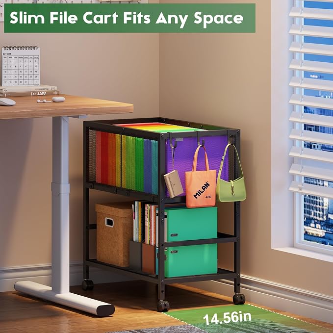 Rolling File Cart for Letter Size, Metal Hanging File Organizer - Image 3