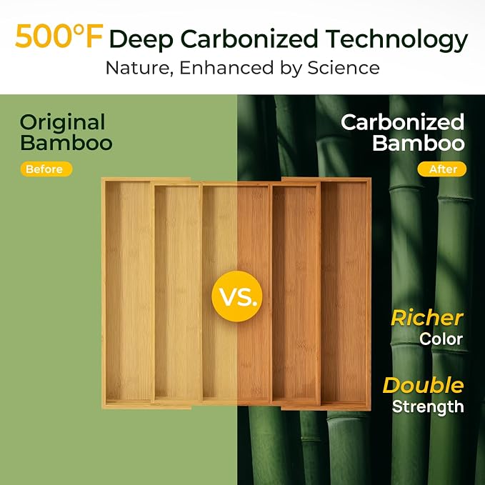 Carbonized Bamboo Kitchen Drawer Organizer, 5 Slots Expandable Silverware - Image 3