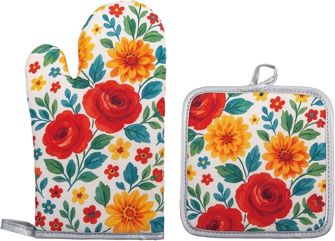 Floral Oven Mitts and Pot Holders Sets 2 Pcs, Canvas Heat Resistant Kitchen by QEES